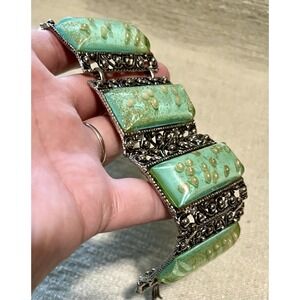 Vintage Silver Tone Filigree Panel Bracelet Green Resin Faux Pearl Gold Fleck